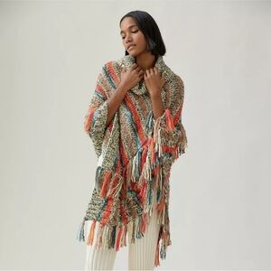 Anthropologie Chunky Knit Fringe Poncho OS | Boho Striped Cowl Neck Sweater Wrap